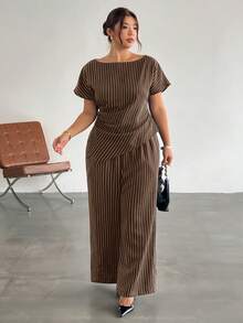 Firerie Plus Size Women's Striped Short Sleeve Top And Long Pants Suit Set - Brown - View 1