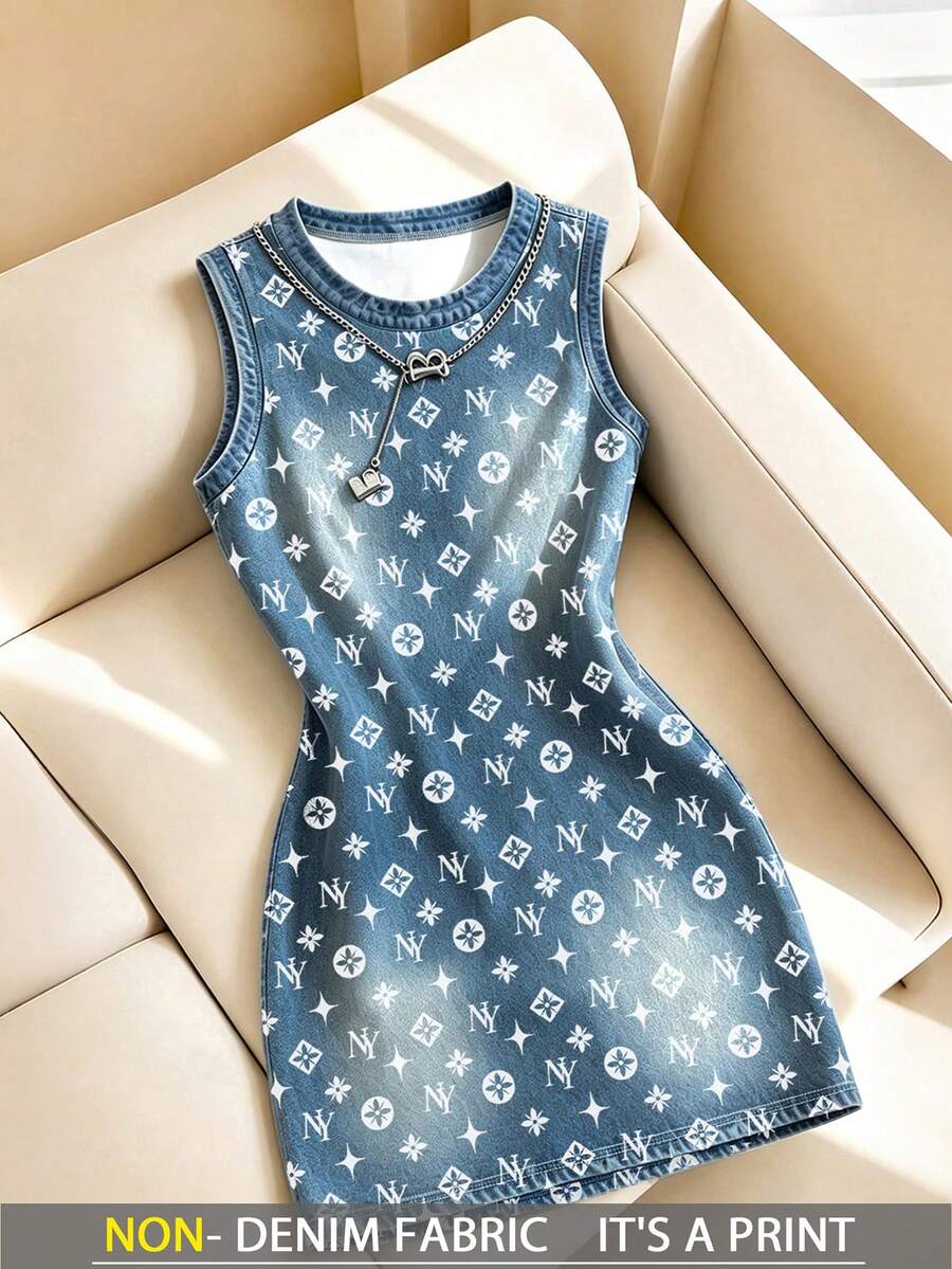 Resyla 女款經典復古Logo字母牛仔效果印花中長洋裝 - 彩色 - 查看 1