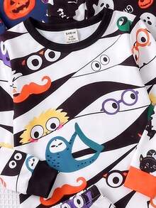 [隨機發貨 1/5]男嬰萬聖節卡通主題居家服，多款趣味印花南瓜幽靈蝙蝠條紋圖案，針織面料，舒適柔軟高彈性修身圓領長袖長褲兩件套睡衣 - 彩色 - 查看 3