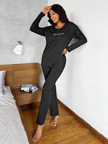 EURMUSE Letter Graphic Tee & Pants Lounge Set - Black - View 3