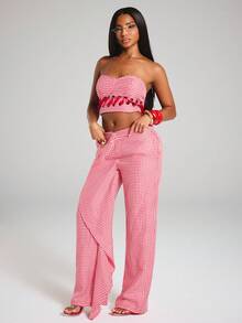 NYA SZN Pant Trouser Wide Leg Draped Detail Checkered Special Event Business Office Work Everyday Party Going Out Birthday Fall - Red - View 3