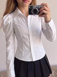 SHEIN 青少年女孩秋冬休閒優雅復古學院風米色泡泡袖長袖翻領鈕扣襯衫，秋冬內搭上衣，適合返校季與日常穿著，白色長袖上衣 - 白色 - 查看 1