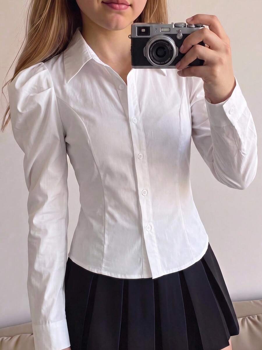 SHEIN 青少年女孩秋冬休閒優雅復古學院風米色泡泡袖長袖翻領鈕扣襯衫,秋冬內搭上衣,適合返校季與日常穿著,白色長袖上衣 - 白色 - 查看 1