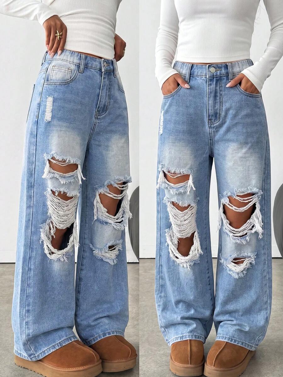 SHEIN Girls' Light Blue Distressed Loose Fit Denim Long Pants Fall Winter Casual Halloween New Year School - Blue - View 1