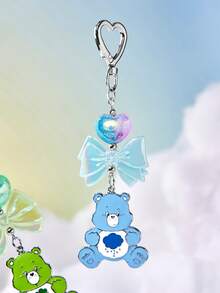 SHEIN X Care Bears 多色蝴蝶結金屬包包吊飾，亮面立體愛心吊飾，少女風包包配件禮物 - 藍色 - 查看 1