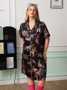 Chillnights Young Casual Colorblock Leopard Leaf Moon Print Collared Button Satin Plus Size Nightgown - Black - View 4