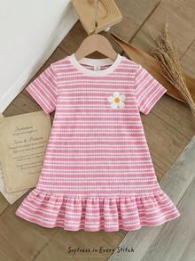 Emery Rose Kids Emery Rose Kids 女童條紋圓領短袖荷葉邊時尚洋裝 - 粉色 - 查看 9