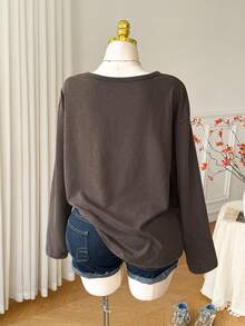 Comfortcana Plus Size Thin Brown Vintage Distressed Cotton Sweatshirt Fall - Brown - View 2