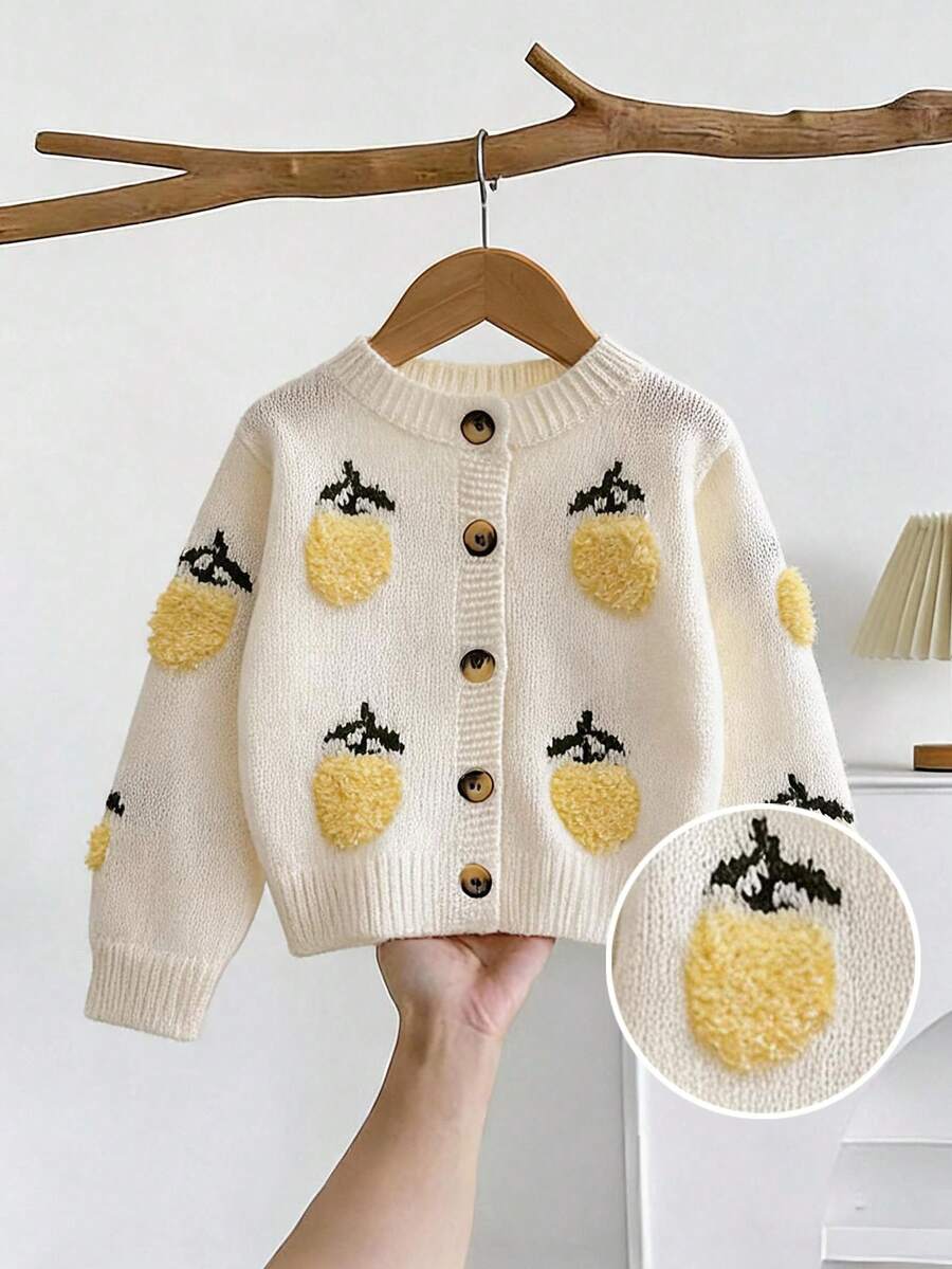 SHEIN Kids Young Girls Young Girl White Crew Neck Cardigan, Knitted Cardigan, Embroidery, Lemon Pattern, Be Paired With Autumn Dress, Comfortable And Soft - White - View 1