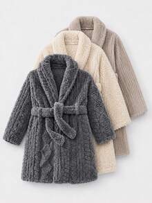 SHEIN Kids Young Boy Autumn/Winter Letter Pattern Fleece Lined Thick Textured Fabric Hooded Long Sleeve Tie-Up Robe, Suitable For Home,Party And More - Grey - View 1