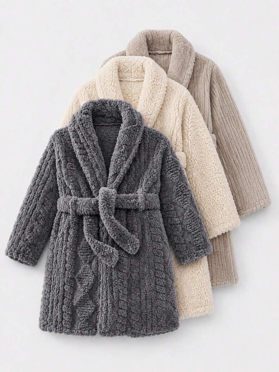 SHEIN Kids Young Boy Autumn/Winter Letter Pattern Fleece Lined Thick Textured Fabric Hooded Long Sleeve Tie-Up Robe, Suitable For Home,Party And More - Grey - View 1