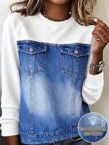 EMERY ROSE Women's New Autumn/Winter Casual Patchwork Long Sleeve Sweatshirt - Blue and White - View 1