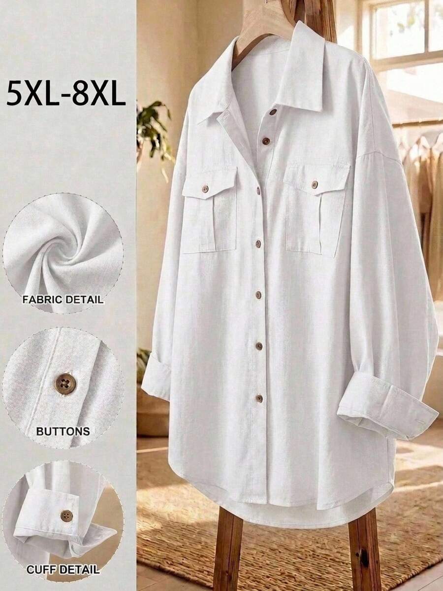 SHEIN CURVE+ 大尺碼休閒通勤牛仔效果襯衫,女款夏季穿搭,女款度假秋季穿搭 - 白色 - 查看 1