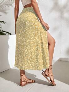 SHEIN Holidaya 女款碎花開衩大腿長裙 度假海灘穿搭 - 黃色 - 查看 2