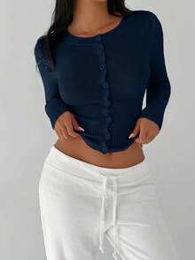 Flirla Women's Casual Fitted Long Sleeve Cardigan Sweater - Navy Blue - View 3