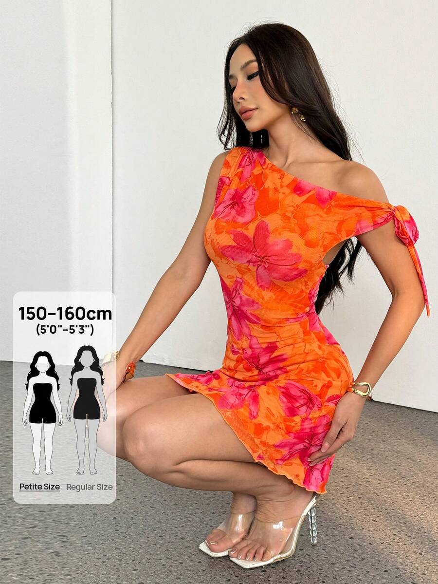 SHEIN PETITE 女款夏季新款花卉不對稱單肩性感優雅度假迷你洋裝,網紗花卉洋裝,不對稱領口洋裝,春夏服飾,沙灘穿搭,優雅,性感,度假,沙灘,夏威夷,約會,派對,音樂節,畢業禮服,畢業舞會 - 橘色 - 查看 1