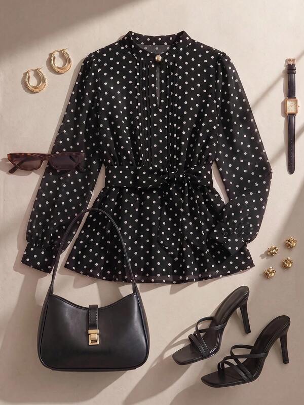 Formidée Design White Polka Dot Lace-Up Waist-Cinching Chiffon Blouse Women's Spring New Stylish Top Plus Size Shirt Fall