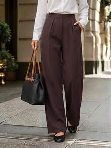 SHEIN Unity Women's Fashionable Versatile Solid Color Wide Leg Pants Christmas Women's Winter Red Brown - White - View 3
