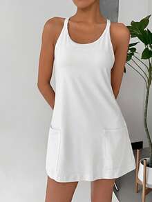 SHEIN EZwear 女款夏季極簡寬鬆 90 年代純色休閒洋裝，細肩帶設計，內建防走光內搭褲，大尺碼白色 - 白色 - 查看 3