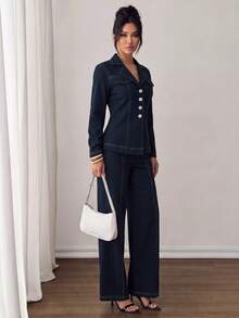 SHEIN PETITE Lapel Front Button Long Sleeve Shirt And Casual Pants Set - Navy Blue - View 3