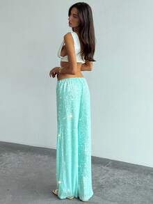 SHEIN Tall CURVE 大尺碼女款嘻哈街頭風亮片裝飾綁帶寬鬆長褲 - 綠色 - 查看 4