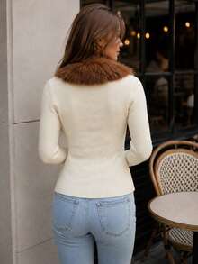 Cévolie Vintage Brown Large Fur Collar White Knit Cardigan Women's Autumn/Winter Short Cropped Waist Slim Fit Rhinestone Button Gentle Slimming Sweater Jacket - Beige - View 2