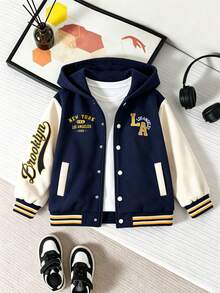 SHEIN Genkimix Kids Boys' Hooded Jacket With Front And Sleeve American Retro Yellow Letter Print Pattern Knit Sweatshirt Fabric Navy Blue And Apricot Color Block Design D - Multicolor - View 8
