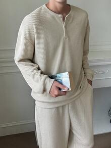 DAZY 春秋米色針織紋理面料長袖圓領半拉鍊上衣配彈性腰長褲男士T恤套裝 - 米色 - 查看 1
