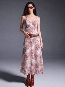 MYSTAURA Vintage Paisley Bohemian Spaghetti Strap Tie V-Neck Chiffon Spaghetti Strap Long Casual Vacation Dress For Women - Multicolor - View 1
