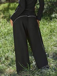 Levarali Legging Olahraga Kasual Harian untuk Wanita Ukuran Plus dengan Motif Blok Warna dan Tali Serut di Pinggang, Cocok untuk Perjalanan dan Aktivitas Luar Ruangan. - Hitam - View 2