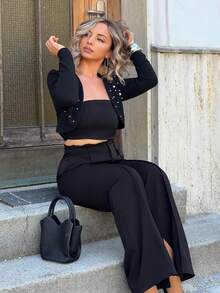 Jeta Ari Pearls Beaded Open Front Crop Jacket Without Cami Top In Fall/Winter Black - Black - View 4