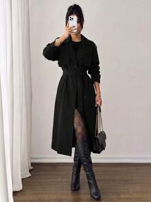 SHEIN PETITE معطف ترنش نسائي بلون موحد منسوج طويل برباط أمامي وأزرار، خريف/شتاء (1 قطعة) - الأسود - مشاهدة 3