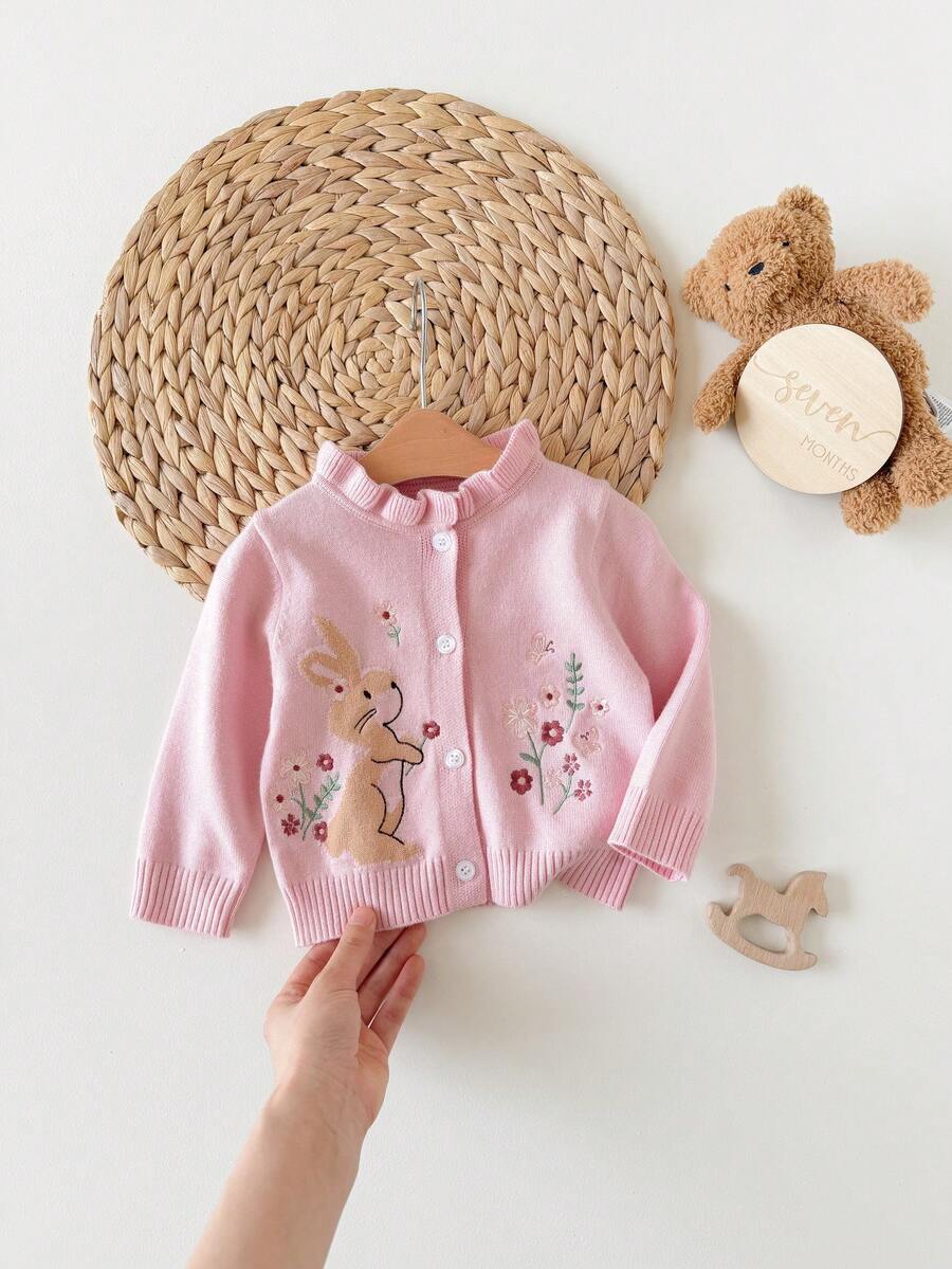 SHEIN 新生女嬰花卉刺繡長袖荷葉邊可愛針織開襟衫 - 淺粉色 - 查看 1