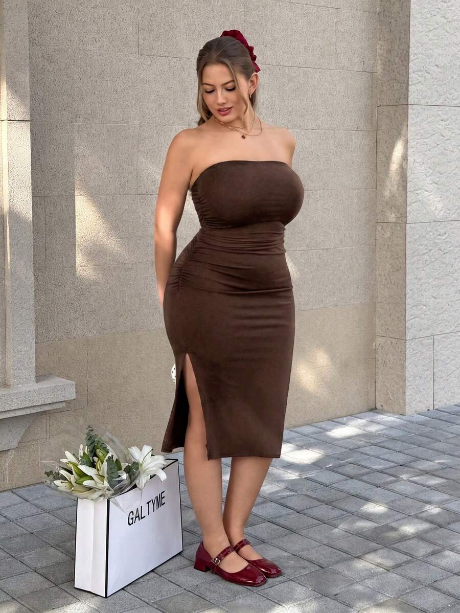 GalTyme Coffee Brown Plus Size Ruched Sexy Side Slit Bandeau Dress - Coffee Brown - View 1