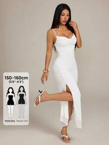 SHEIN PETITE 白色優雅夏季派對長洋裝，細肩帶V領修身紋理緊身洋裝，適合女性，情人節與婚禮波希米亞風服飾，小個子女性適用 - 白色 - 查看 1