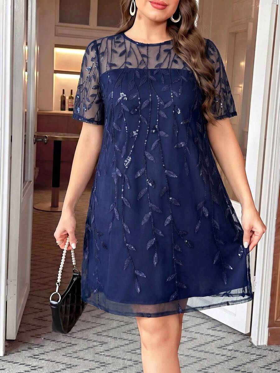 Reflora Plus Size Elegant Party Sequin Embroidered Mesh Dress - Navy Blue - View 1