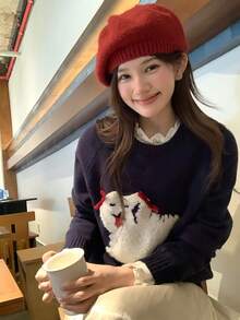 DAZY Sweater Wanita Lengan Panjang Leher Bulat Warna Kontras Musim Gugur/Dingin - Biru - View 10