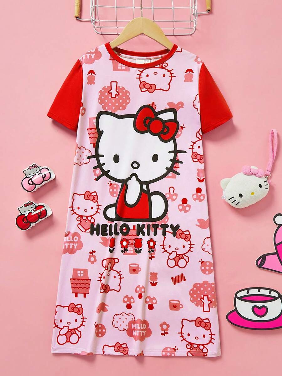 HELLO KITTY AND FRIENDS | SHEIN 少女聯名款卡通印花粉色甜美居家休閒洋裝 - 紅色 - 查看 1
