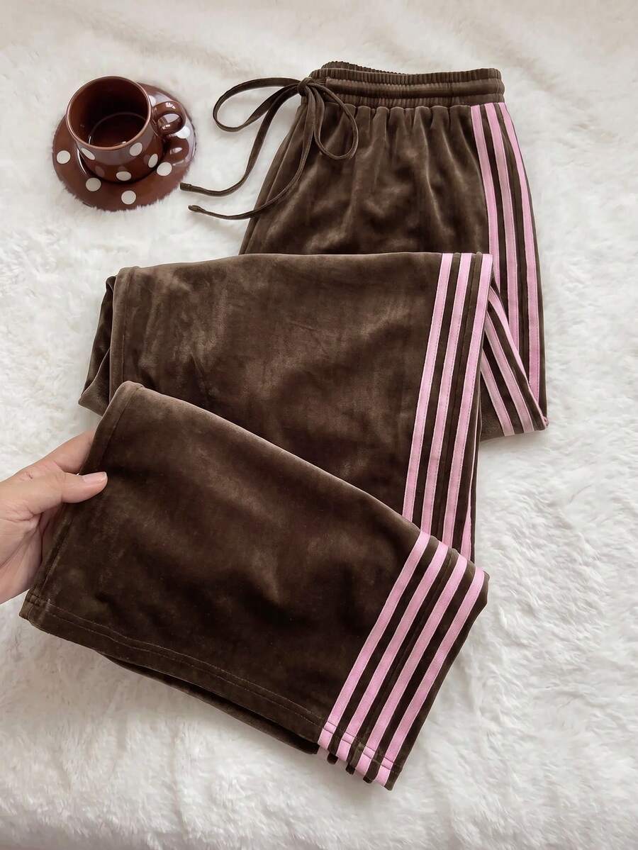 Comfortcana Autumn/Winter Black & White Striped Casual Versatile Drawstring Plus Size Pants Fall - Brown - View 1