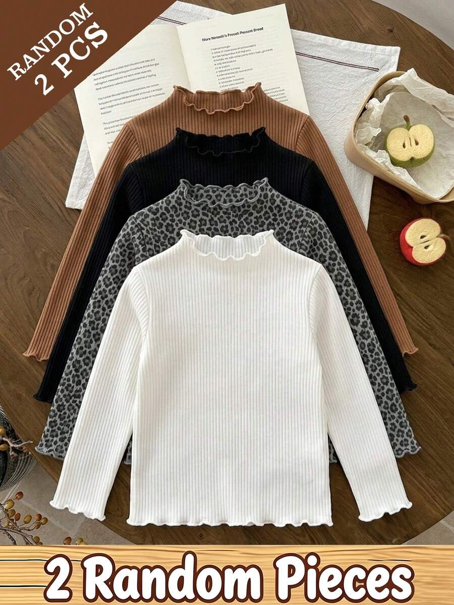 Envío aleatorio de 2 de 4 camisetas de capa base para niña con cuello semi alto, manga larga y ribete con volantes, de punto acanalado en color liso y estampado de leopardo, conjunto casual de otoño - Multicolor - Ver 1