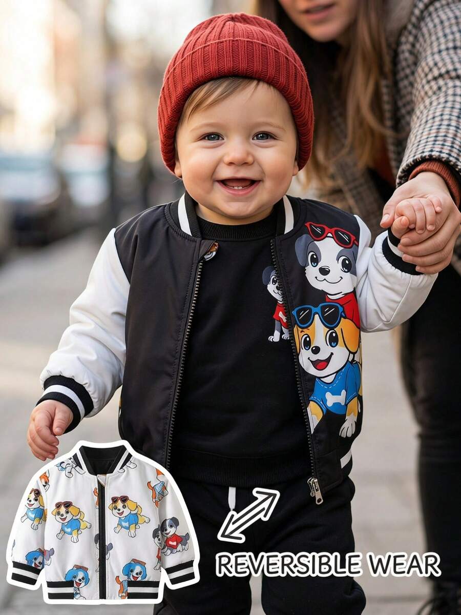 SHEIN Playful Pals Jaket Bayi Laki-laki Motif Garis Kontras, Kerah Bergaris, Gambar Kartun Beruang Lucu, Lengan Panjang, Resleting, Bolak-balik, Musim Gugur/Musim Dingin - Hitam - View 1