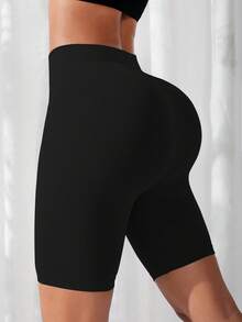 SHEIN Yoga Basic 女士纯色高腰休闲运动短裤、运动女士运动短裤、健身短裤、骑行短裤 - 黑色 - 查看 6