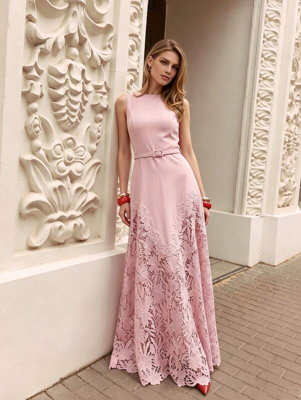 Anewsta Summer Pink Lace Patchwork Dress With Elegant Belt, Fashionable Modern Light Formal Work Outfit For Women