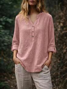 EMERY ROSE Women's Plus Size Autumn Fashion Casual Solid Color V-Neck Button Long Sleeve Blouse, Suitable For Commuting, Outings And Daily Wear Fall - Dusty Pink - View 1