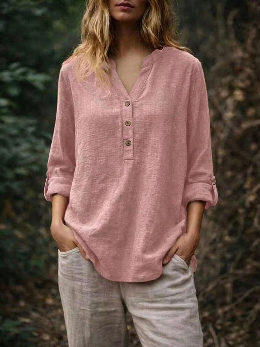 EMERY ROSE Women's Plus Size Autumn Fashion Casual Solid Color V-Neck Button Long Sleeve Blouse, Suitable For Commuting, Outings And Daily Wear Fall - Dusty Pink - View 1