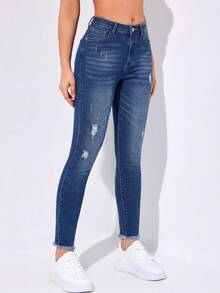 Flexra Celana Jeans Denim Kasual Wanita untuk Pakaian Sehari-hari dengan Saku, Kancing, dan Desain Rusak, Warna Biru Tua untuk Musim Gugur dan Musim Dingin - Medium Wash - View 7