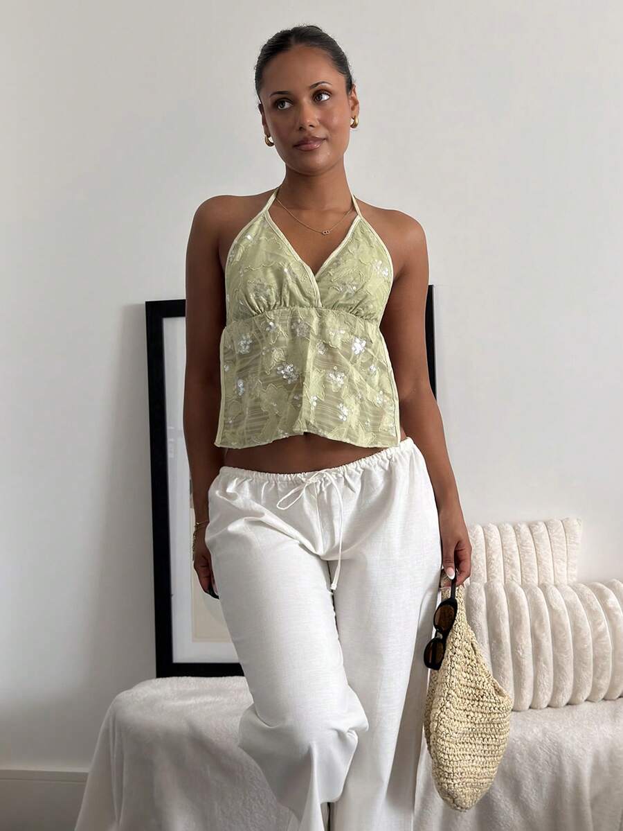 leahseptember Tank Top Wanita Pendek Berpayet Bordir Hijau Model Halter Neck yang Memamerkan Perut, Serbaguna - Hijau - View 1