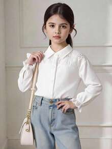SHEIN Young Girl Moss 青少女寬鬆白色合身純色翻領休閒襯衫，青少女休閒長袖純色襯衫，時尚夏季休閒襯衫 - 白色 - 查看 4
