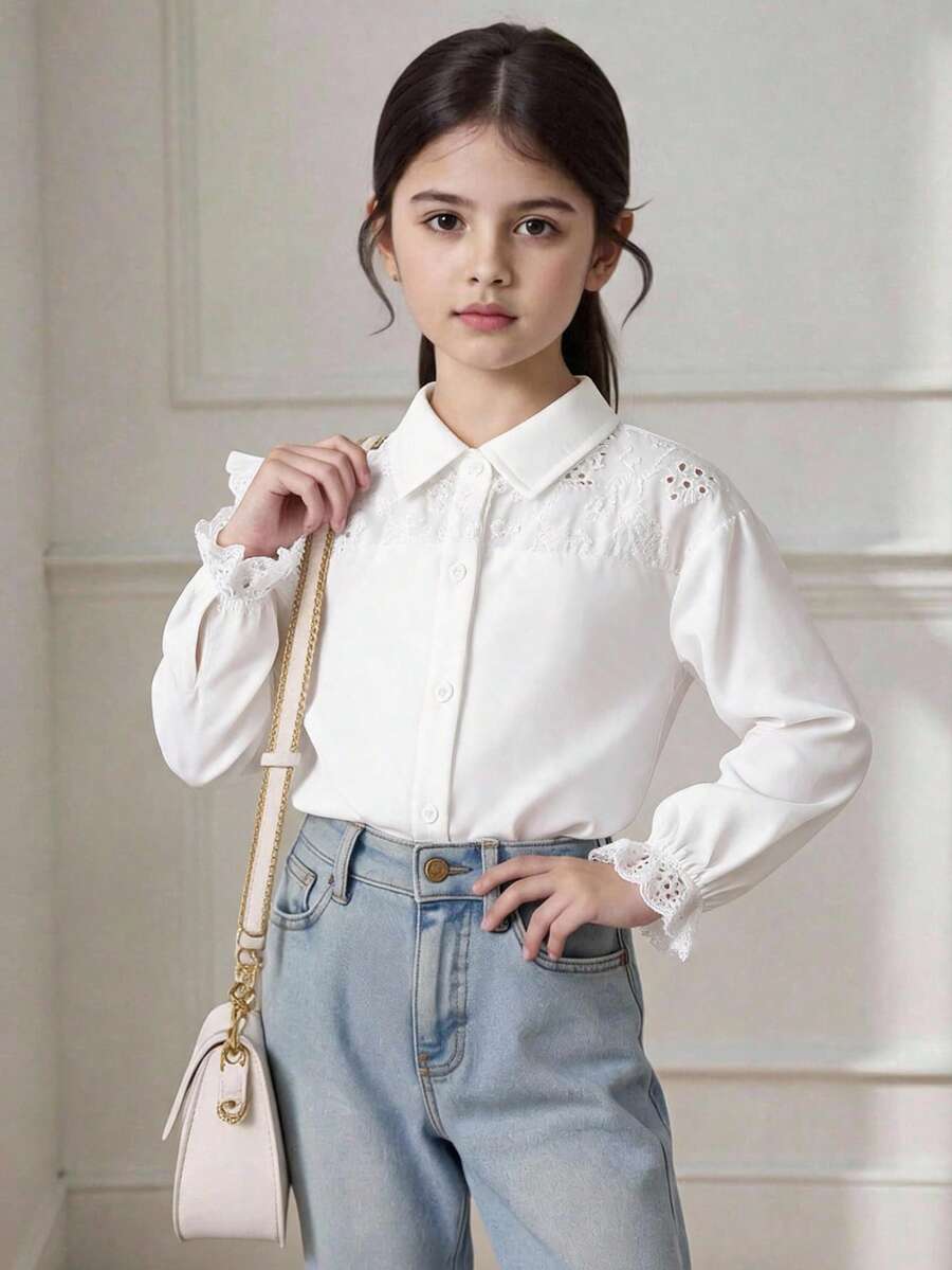 SHEIN 少女款寬鬆白色修身純色休閒襯衫，長袖時尚夏季休閒襯衫 - 白色 - 查看 1