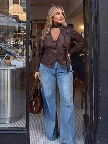 Auralis Plus Size Women's Striped Long Sleeve Single-Breasted Elegant Blazer - Brown - View 2